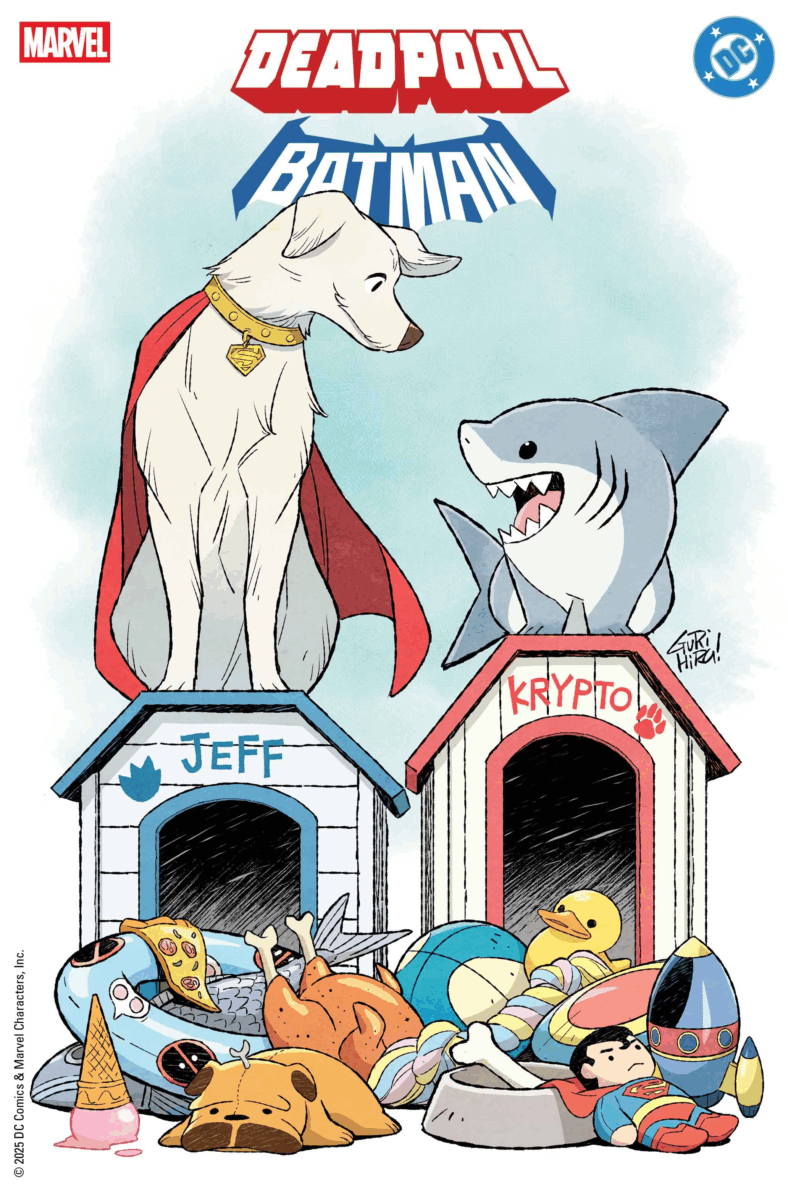 Krypto and Jeff the Landshark unite for some trouble on Kelly Thompson's variant cover to Deadpool/Batman Vol. 1 #1 (2025), Marvel Comics/DC