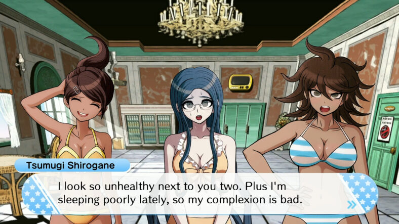 Shirogane (Mikako Komatsu) feels a tad insecure standing next to Akane (Romi Park) Aoi Asahina (Chiwa Saitō) in Danganronpa S: Ultimate Summer Camp (2021), Spike Chunsoft Co. Ltd.