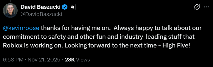 David Baszuki thanks the interviewer of Hard Fork via X