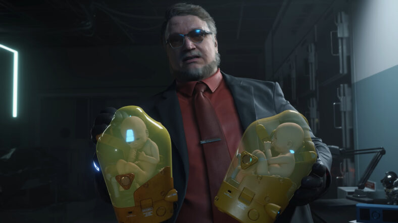 Deadman (Guillermo del Toro) introduces Sam (Norman Reedus) to his new BB models in Death Stranding 2: On the Beach (2025), Kojima Productions