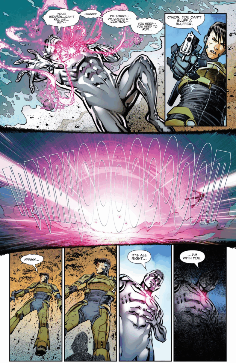 Major Koh comes to blows with the Herald of Galactus in Death of the Silver Surfer Vol. 1 #1 (2025), Marvel Comics. Words by Greg Pak, art by Sumit Kumar, Frank D'armata, and Joe Sabino.