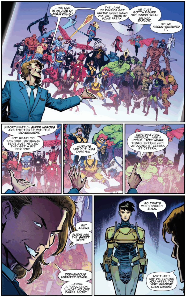 B.A.N. Director Dennis Harmon informs Majkor Koh of her new mission in Death of the Silver Surfer Vol. 1 #2 (2025), Marvel Comics. Words by Greg Pak, art by Sumit Kumar, Frank D'armata, and Joe Sabino.