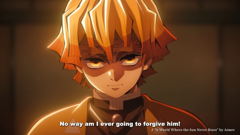 Zenitsu (Hiro Shimono/Aleks Le) accepts that Kaigaku (Yoshimasa Hosoya/Kaiji Tang) is truly lost in Demon Slayer: Kimetsu no Yaiba – The Movie: Infinity Castle (2025), ufotable