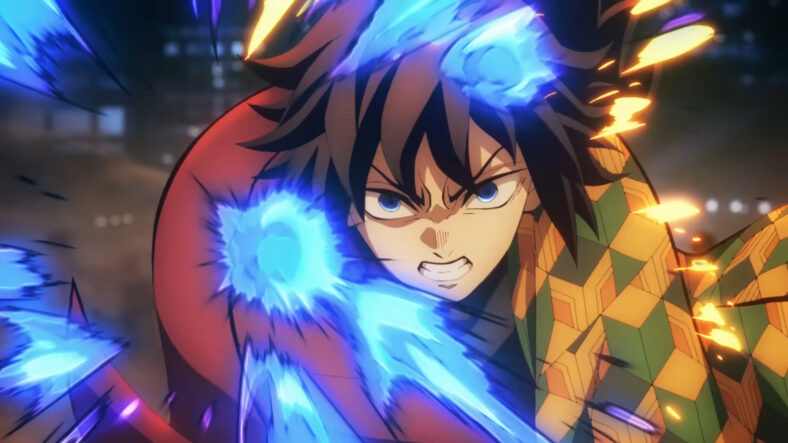 Giyu (Takahiro Sakurai/Johnny Yong Bosch) deflects Akaza's (Akira Ishida/Lucien Dodge) attacks with the use of his Water Breathing in Demon Slayer: Kimetsu no Yaiba – The Movie: Infinity Castle (2025), ufotable