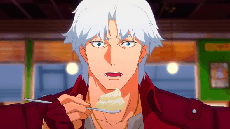 Dante (Johnny Yong Bosch) is interrupted while eating his favorite desert in Devil May Cry Season 1 Episode 3 "The Deep and Savage Way" (2025), Netflix