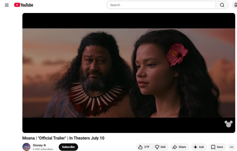 Screenshot of the first trailer of Disney's live action remake of Moana, 2026, showing the dislikes on YouTube,