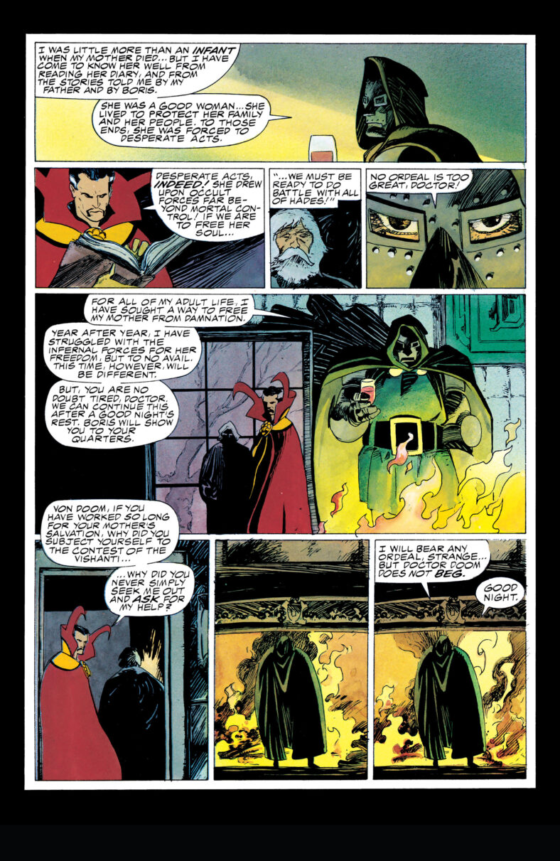 Doctor Doom opens up to Doctor Strange about his mother Cynthia in Doctor Strange & Doctor Doom: Triumph and Torment (1989), Marvel Comics. Words by Roger Stern. Art by Mike Mignola and Mark Badger.