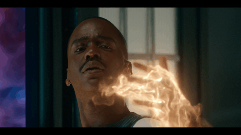 The Doctor (Ncuti Gatwa) realizes his regeneration is fully under way in Doctor Who Series 15 Episode 8 "The Reality War" (2025), BBC