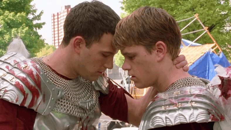 Bartleby (Ben Affleck) is ready to help settle Loki's (Matt Damon) nerves in Dogma (1999), View Askew Productions