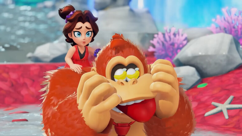 DK (Koji Takeda) gets a little distracted as Pauline (Yurianne Eve) tells Void Kong (Yu Hayashi) to kick rocks in Donkey Kong Bananza (2025), Nintendo