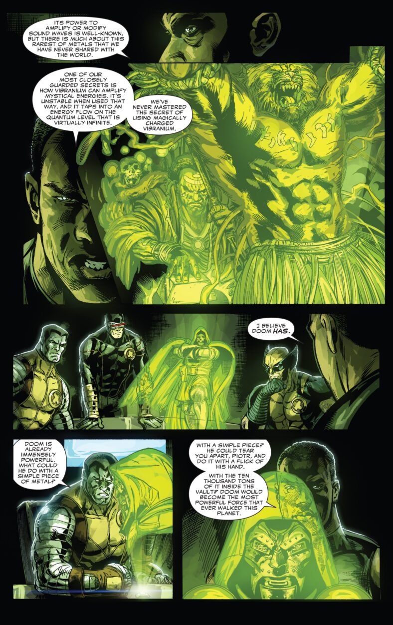 T'Challa explains to Colossus how dangerous Doctor Doom could become were he get hold of Vibranium in Doomwar Vol. 1 Issue #1 "Domwar (Part 1)" (2010), Marvel Comics. Words by Jonathan Maberry. Art by Scot Eaton, Andy Lanning, and Jean-François Beaulieu.