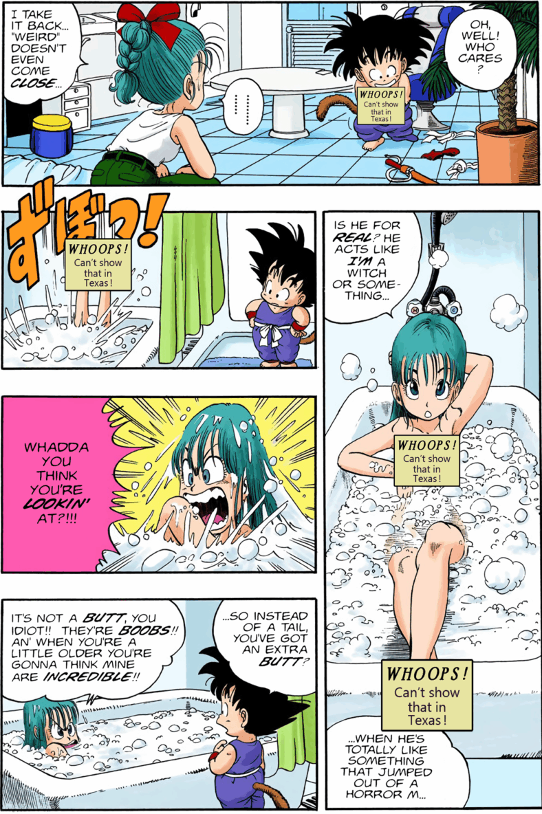 Son Goku learns the difference between girls and boys in Dragon Ball Chapter 2 "No Balls!" (1984), Shueisha. Words and art by Akira Toriyama.