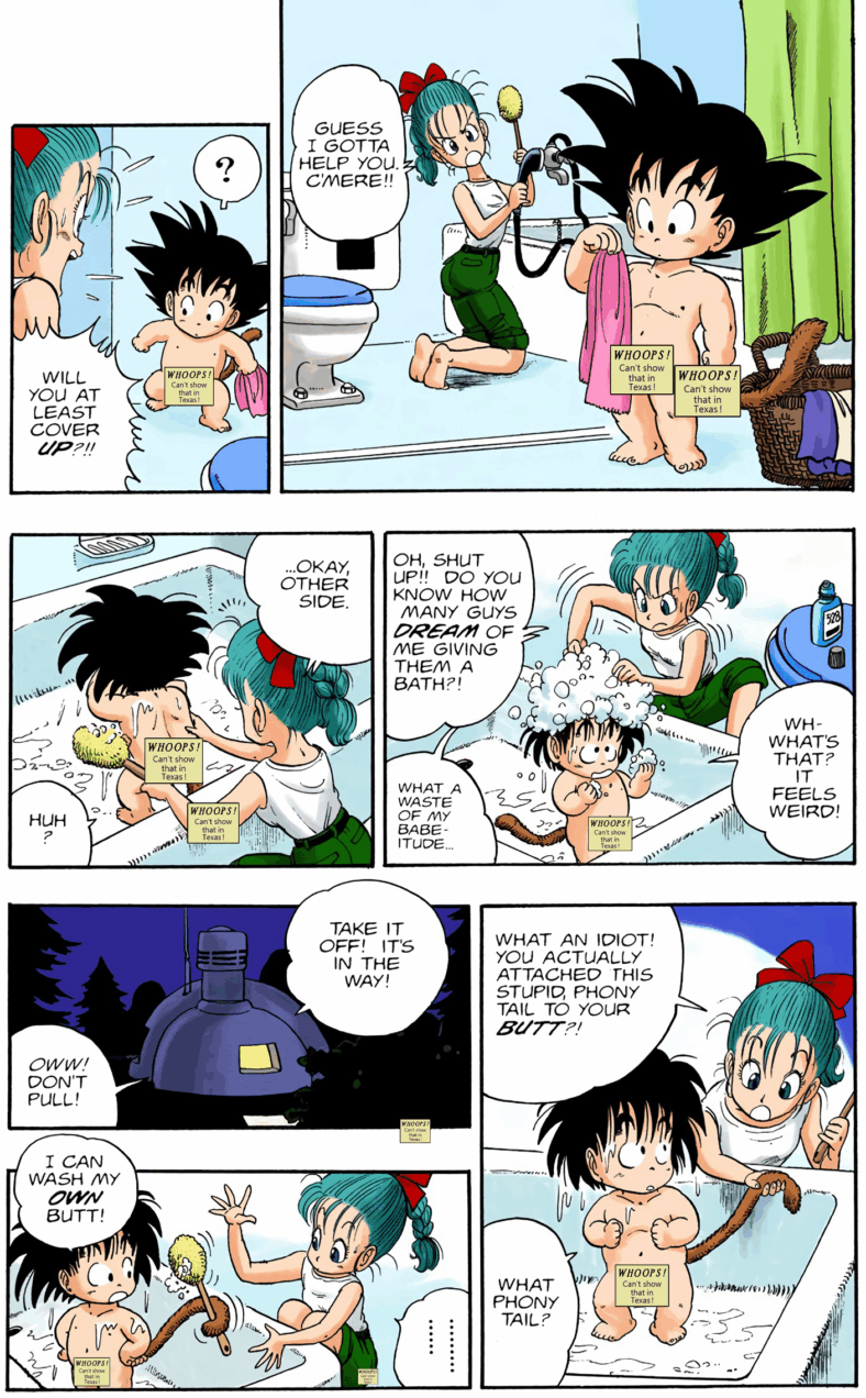 Bulma forces Son Goku to take a bath in Dragon Ball Chapter 2 "No Balls!" (1984), Shueisha. Words and art by Akira Toriyama.