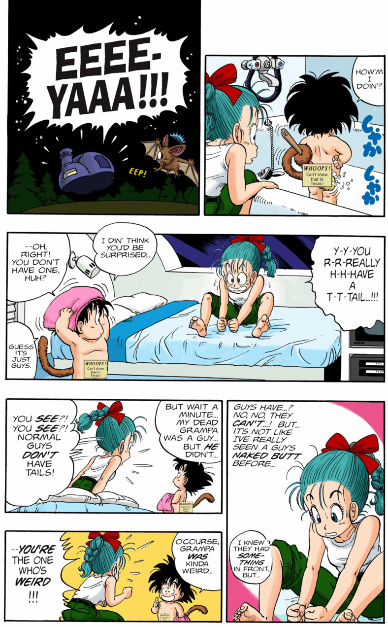 Bulma can't believe Son Goku's tail is real in Dragon Ball Chapter 2 "No Balls!" (1984), Shueisha. Words and art by Akira Toriyama.