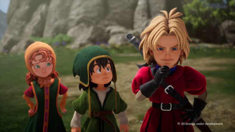 Maribel (Aoi Yuuki) and The Hero (Kouki Osuzu), look to Kiefer (Mamoru Miyano) for guidance in Dragon Quest VII Reimagined (2026), Square Enix