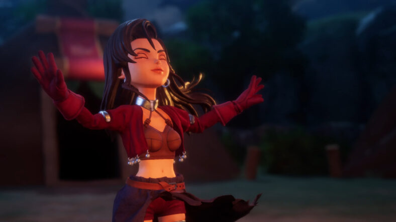 Aishe (Asami Imai) prepares to regale the part with one of her traditional dances in Dragon Quest VII Reimagined (2026), Square Enix