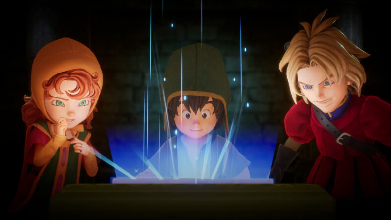 Maribel (Aoi Yuuki), The Hero (Kouki Osuzu), and Kiefer (Mamoru Miyano) prepare to talk a trip to the past in Dragon Quest VII Reimagined (2026), Square Enix