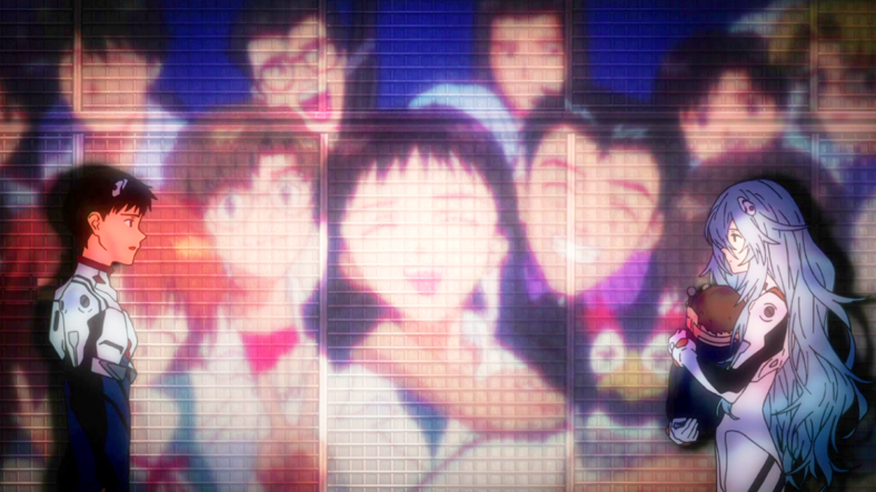 Shinji Ikari (Megumi Ogata) encourages Rei Ayanami (Megumi Hayashibara) to return with him to a new, EVA-less world in 3.0+1.0 Thrice Upon a Time (2021), Studio Khara