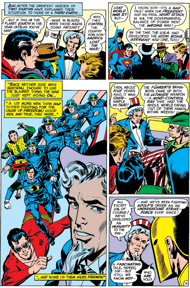 Uncle Sam takes the Justice League and Justice Society through Earth-X's Third Reich-won history in Justice League of America Vol. 1 #107 "Crisis on Earth-X!" (1973), DC. Words by Len Wein, art by Dick Dillin and Dick Giordano.