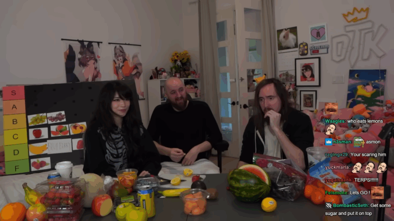 Asmongold eats a lemon, and many other fruit, for the first time via Emiru, YouTube