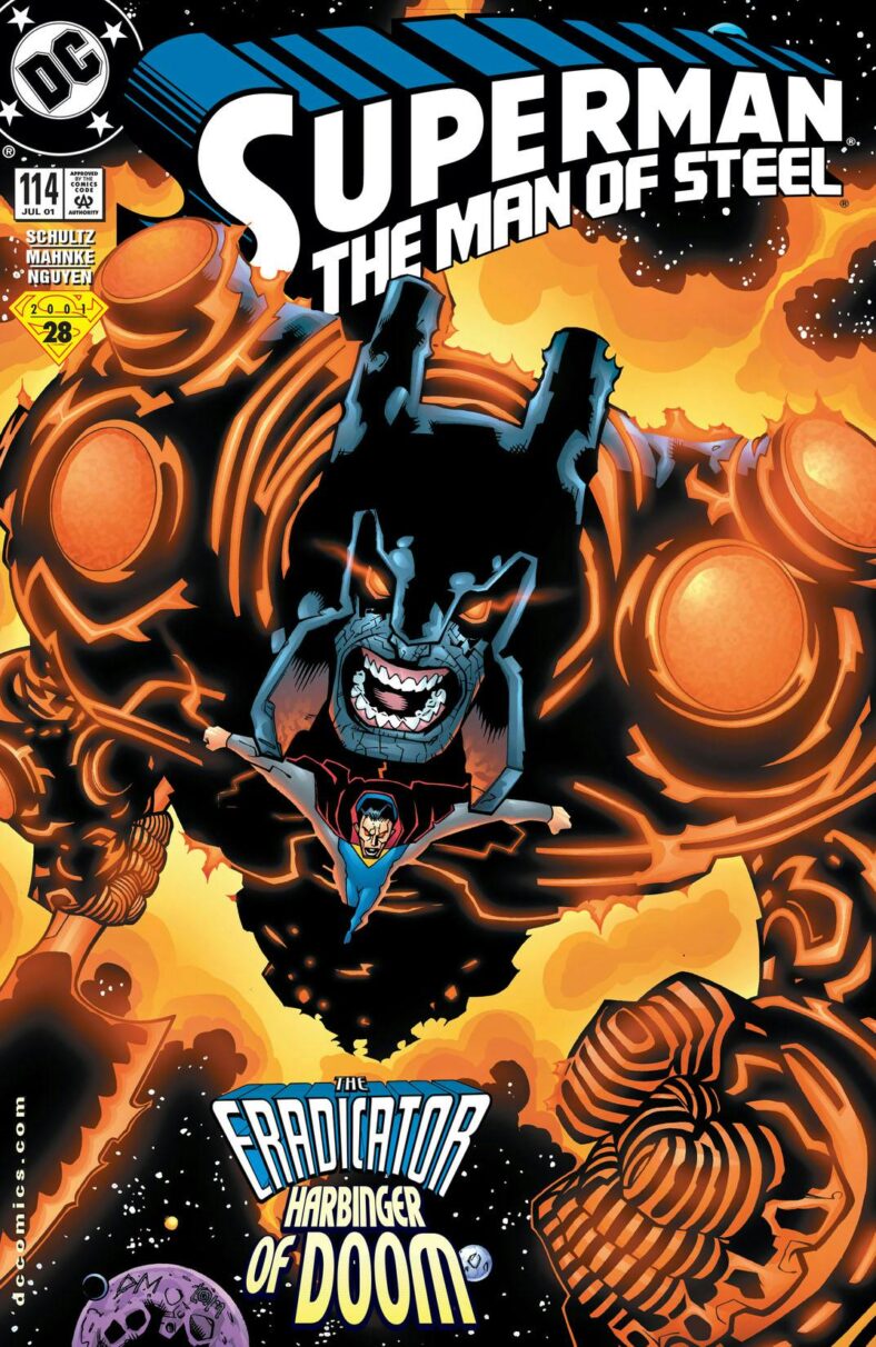 The Eradicator in a fiery orange suit, overshadowing Superman on Mark Schultz, Doug Mahnke, Richard Horie, and Tom Nguyen's cover of Superman: The Man of Steel Vol.1 Issue #114 "Poor Elijah" (2001) DC Comics