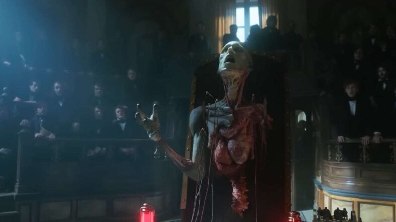 Frankenhole, This first experiment is trying its best acapella version of "Puttin’ on the Ritz" in Frankenstein (2025), Netflix 