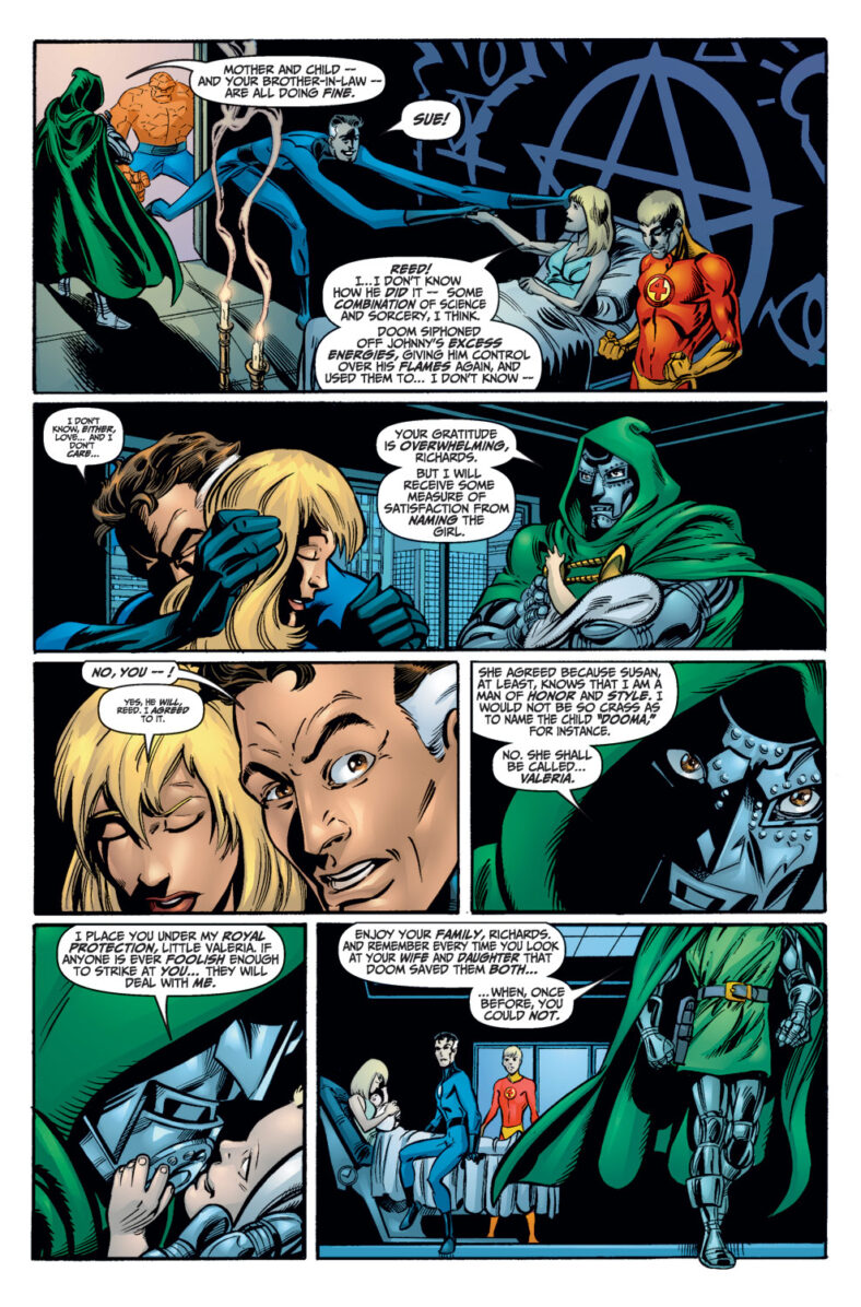 Doctor Doom picks the name Valeria for Reed and Sue's newborn daughter in Fantastic Four Vol. 3 Issue #54 "A Choice of Dooms" (2002), Marvel Comics. Words by Carlos Pacheco, Rafael Marin, and Karl Kesel. Art by Mark Bagley, Al Vey, and Scott Koblish.
