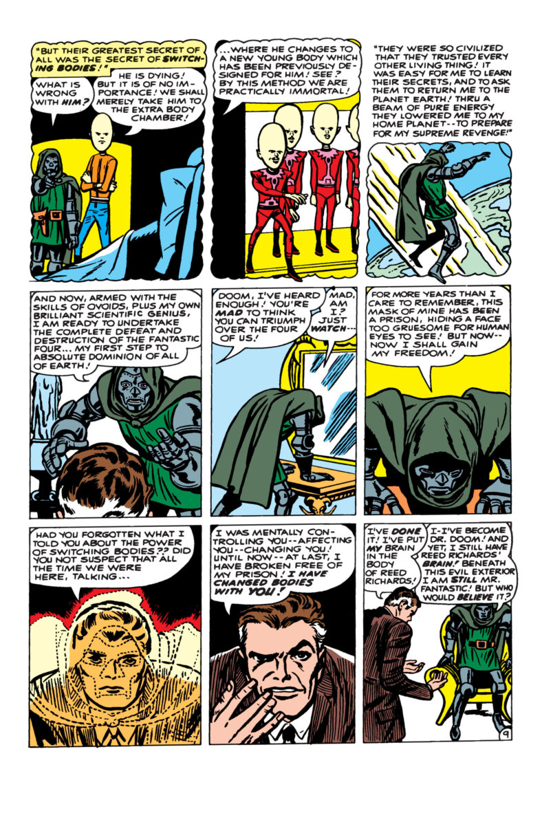 Doctor Doom uses his new abilities to switch bodies with Reed Richards in Fantastic Four Vol.1 Issue #10 "The Return of Doctor Doom!" (1963), Marvel Comics. Words by Stan Lee. Art by Jack Kirby, Dick Ayers, and Stan Goldberg.