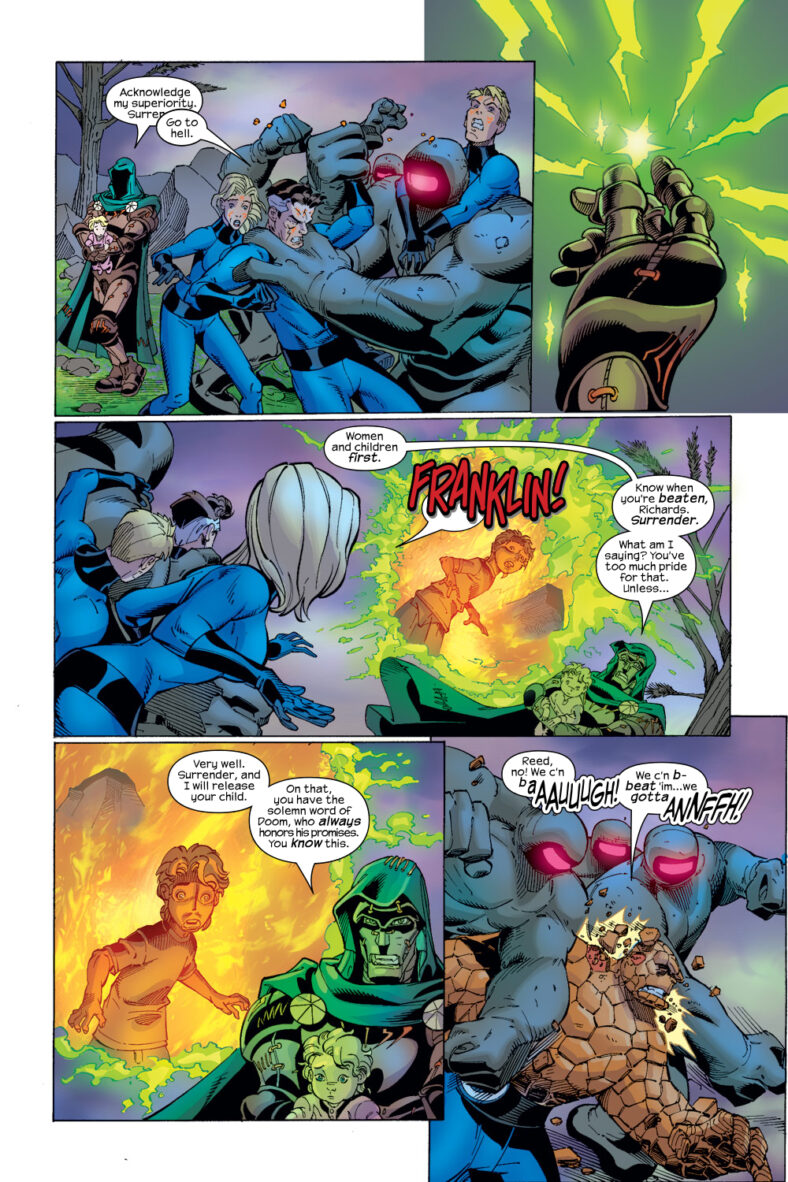 Doctor Doom attempts to send the Fantastic Four to Hell in Fantastic Four Vol.3 Issue #70 "Unthinkable: Part Three" (2003), Marvel Comics. Words by Mark Waid. Art by Mark Wieringo, Lary Stucker, and Paul Mounts.