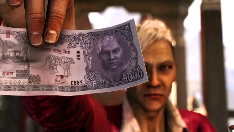 Pagan Min (Troy Baker) flashing cash with his face on it in Far Cry 4 (2014), Ubisoft.