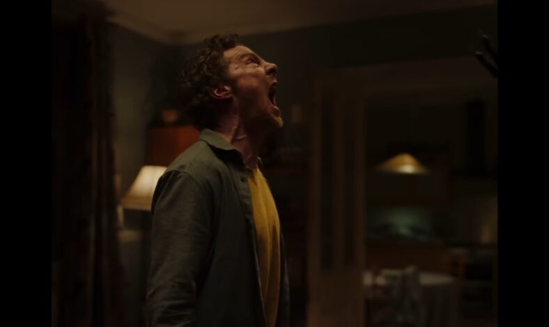 The man (Benedict Cumberbatch) screams in despair in The Thing with Feathers (2025), Film4