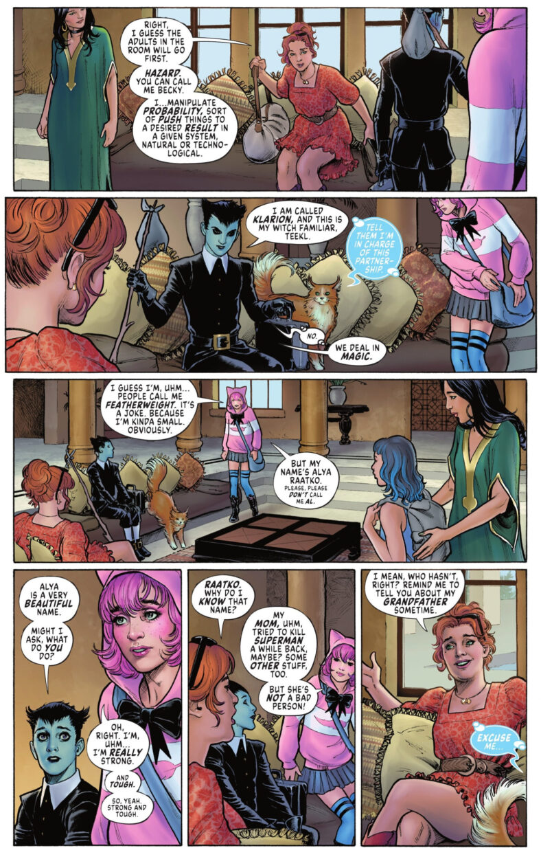 Hazard, Klarion, and Featherweight introduce themselves to the rest of the crew in Cheetah and Cheshire Rob the Justice League Vol. 1 #2 (2025), DC. Words by Greg Rucka, art by Nicola Scott, Annette Kwok, and Troy Peteri.