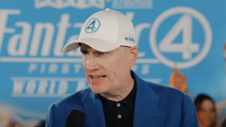 Kevin Feige speaking to journalists at the premiere of The Fantastic Four: First Steps at the Dorothy Chandler Pavilion, LA on July 21, 2025, Marvel Entertainment, Screenshot via Marvel Entertainment YouTube