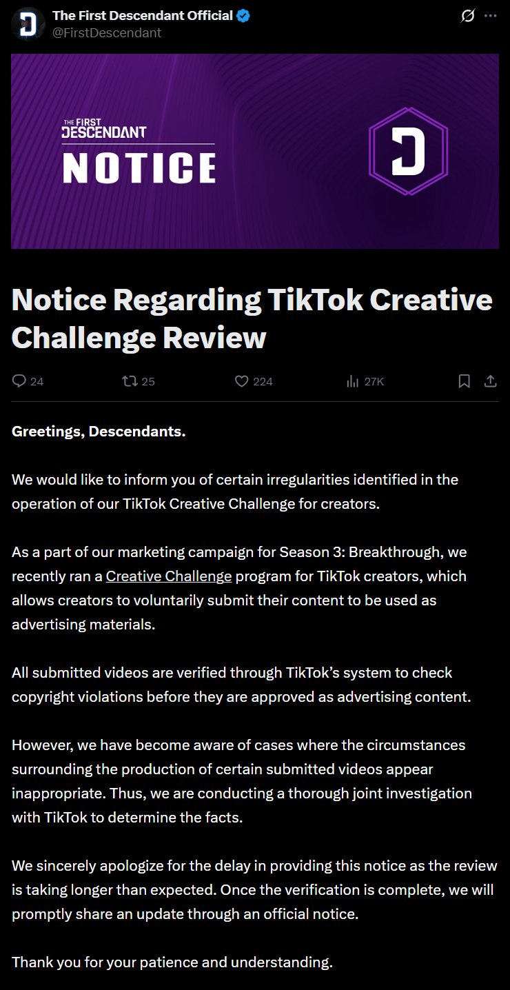 "Notice Regarding TikTok Creative Challenge Review" The First Descendant