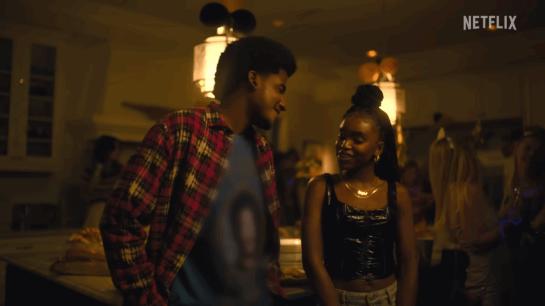Justin Edwards (Michael Cooper Jr.) and Keisha Clark (Lovie Simone) flirting in Forever Season 1 Episode 1 "Reunion" (2025), Netflix