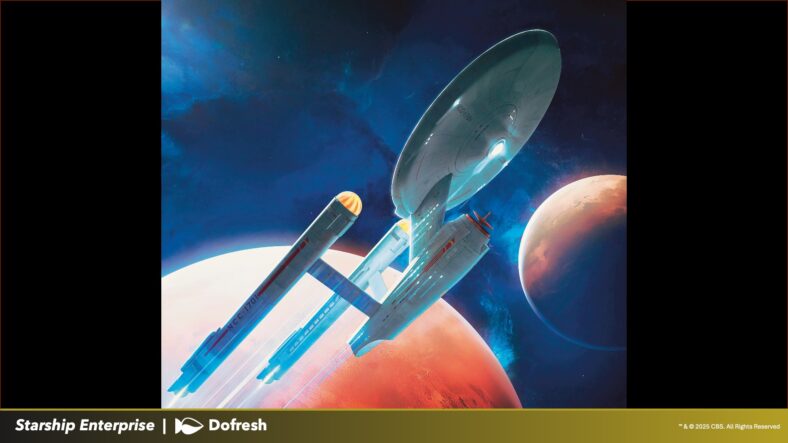 Captain Kirk and his crew blast off via Starship Enterprise (Card #TBA), Magic: The Gathering - Star Trek (2026), Wizards of the Coast. Art by Dofresh.