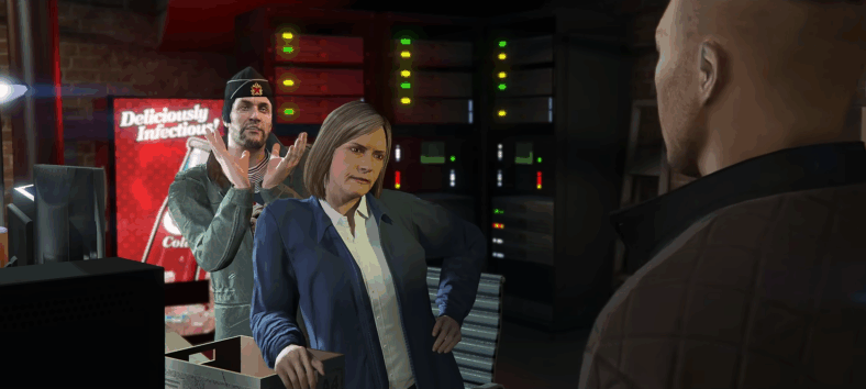 Pavel (Brandon Beilis) feigns delight as Jodi Marshall (Regina Schneider) and the player "get along" in Grand Theft Auto V (2013), Rockstar Games