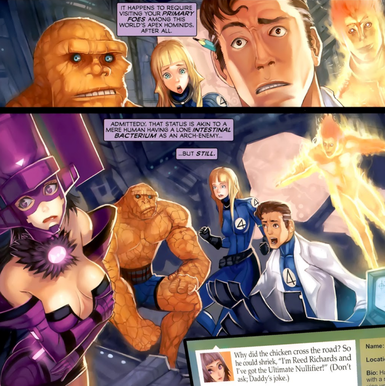 Galacta turns to the Fantastic Four for help with her ever-growing hunger in Galacta: Daughter of Galactus Vol. 1 #1 (2010), Marvel Comics. Words by Adam Warren, art by Hector Sevilla Lujan and Simon Bowland.