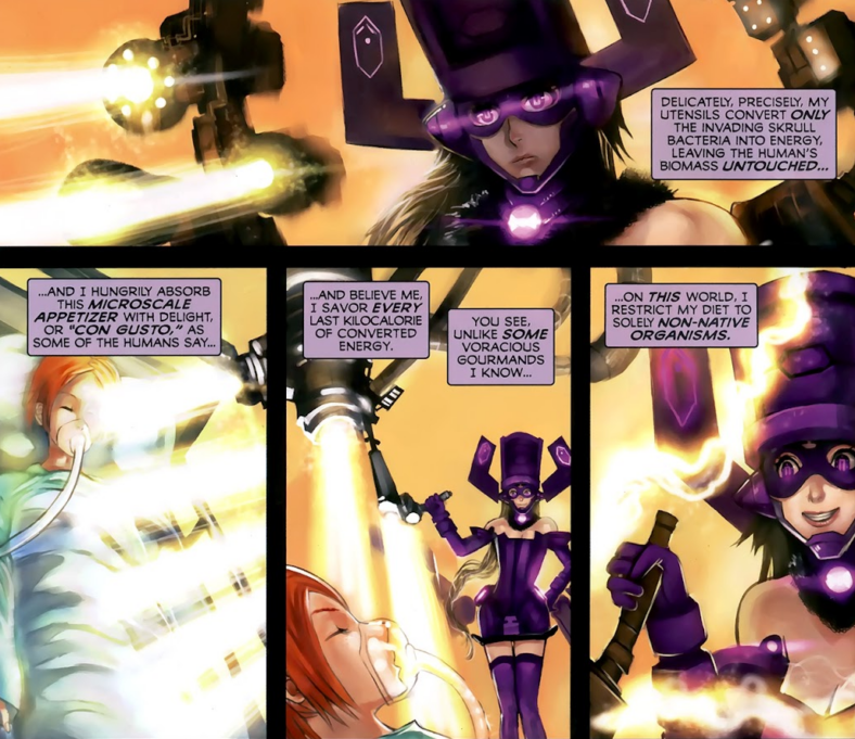 Galacta extracts a colony of Skrull bacteria from some unsuspecting humans in Marvel Assistant-Sized Spectacular Vol. 1 #2 (2009), Marvel Comics. Words by Adam Warren, art by Hector Sevilla Lujan and Simon Bowland.