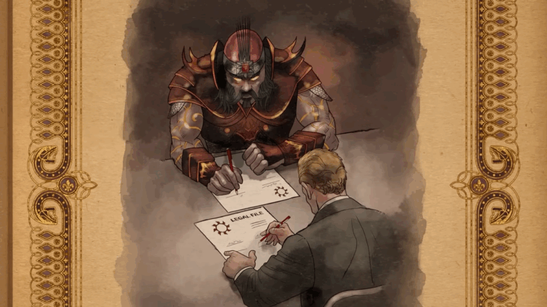 Vlad the Impaler (Liam O'Brien) signs a contract from Dane Vogel (Jay Mohr) in Saints Row: Gat Out of Hell (2015), Deep Silver