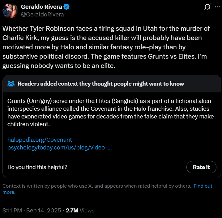 Geraldo Rivera claims Charlie Kirk assassin Tyler Robinson was motivated by the video game Halo via X