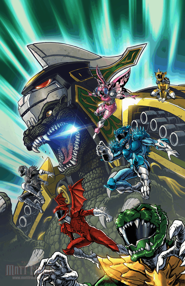 The Kaiju Rangers team-up with a Dragonzord Armor-clad Godzilla on Matt Frank's variant cover to Godzilla vs. The Mighty Morphin Power Rangers II #4 (2024), BOOM! Studios