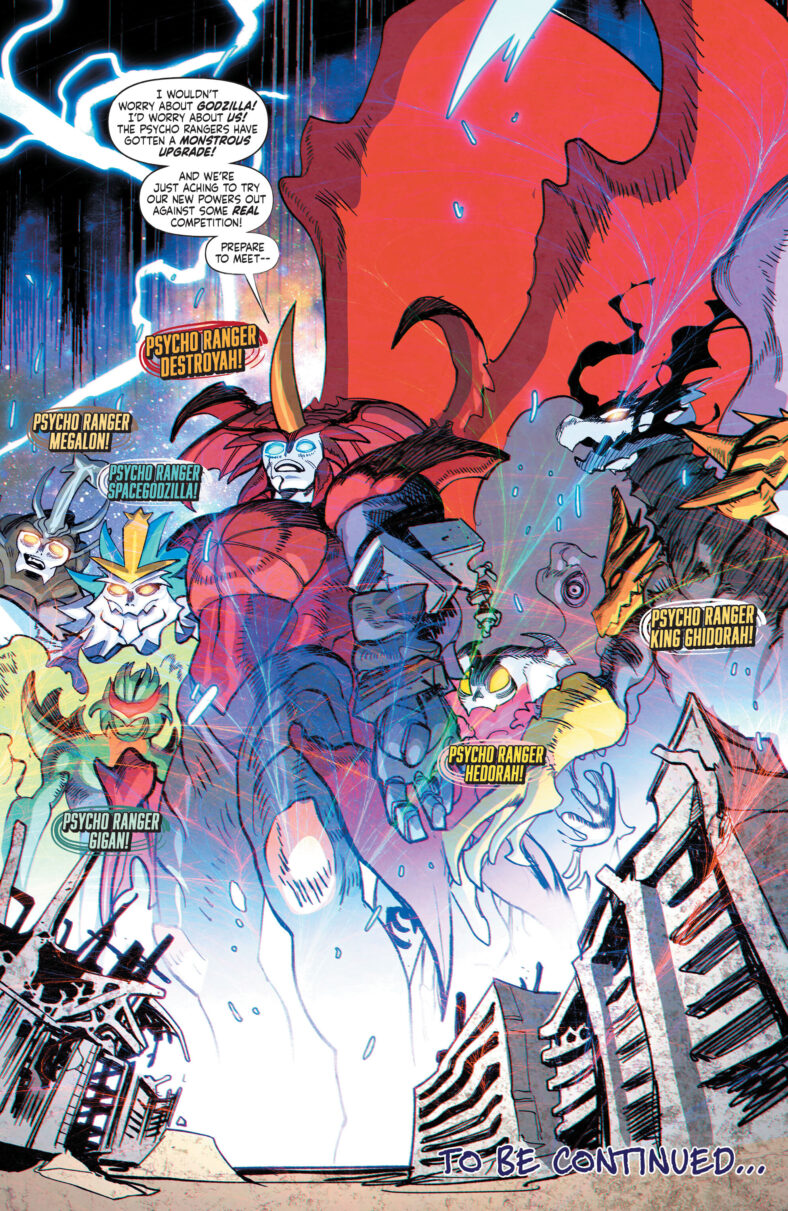 Rita Repulsa bestows the Psycho Rangers with the power of Godzilla's strongest enemies in Godzilla vs. The Mighty Morphin Power Rangers II #3 (2024), BOOM! Studios. Words by Cullen Bunn, art by Baldemar Rivas, Andrew Dalhouse, and Johanna Nattalie.