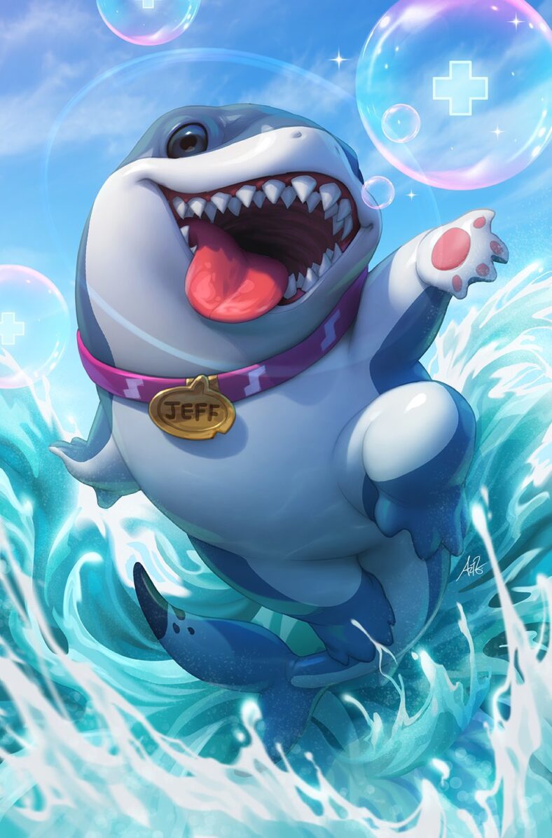 The titular menace drops a healing bubble on Stanley 'Artgerm' Lau's variant cover to Jeff the Land Shark Vol. 1 #1 (2025), Marvel Comics
