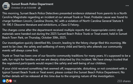 The Sunset Beach Police Department announce the arrest of Kathleen Lincoln for distributing 'Grendel' comics on Halloween.