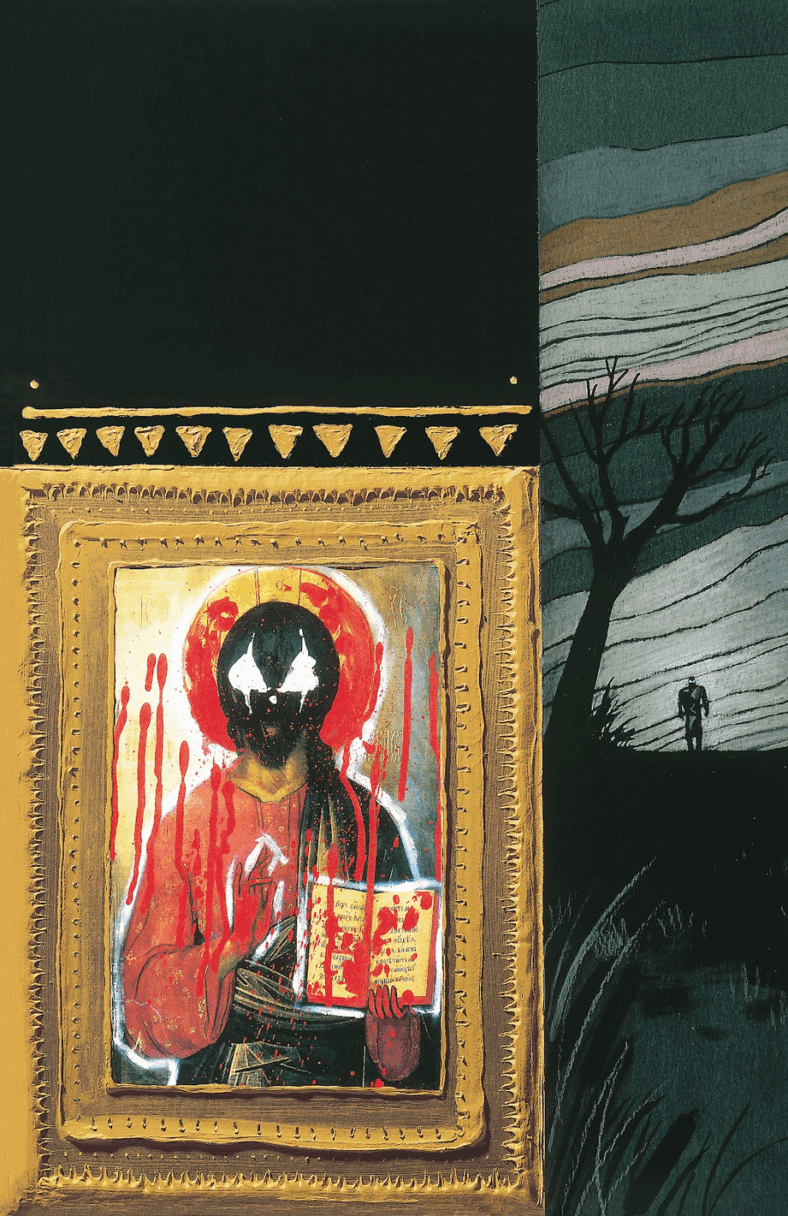 The Grendel takes on a more religious form on Matt Wagner and Rob Walton's cover to Grendel Tales: Devil's Hammer Vol. 1 #1 "Imitation of Life Part 1: Black Blood" (1994), Dark Horse Comics
