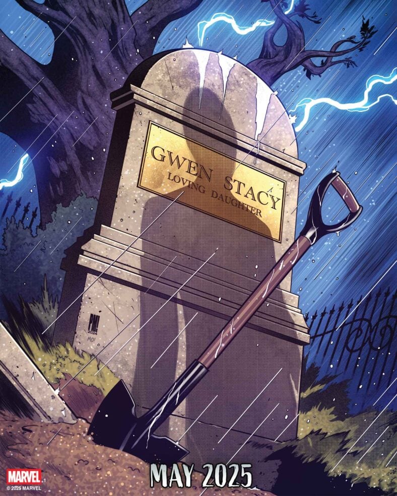 A mysterious figure stands above Gwen Stacy's grave in Paco Medina and Morry Hollowell's 'Nothing is Sacred' teaser image (2025), Marvel Comics