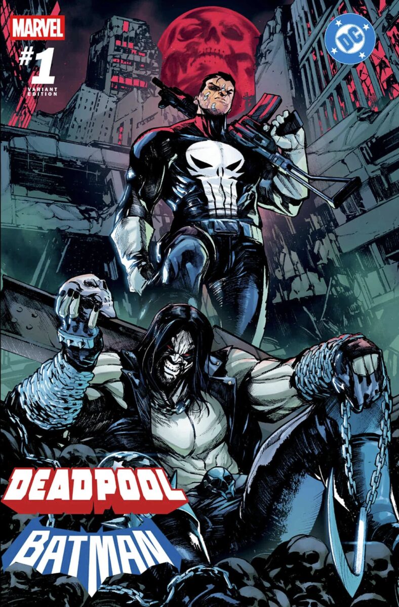 The Punisher and Lobo have The Red Skull in their sights on Alessandro Cappucio and Mattia Iacono's variant cover to Deadpool/Batman Vol. 1 #1 (2025), Marvel Comics/DC
