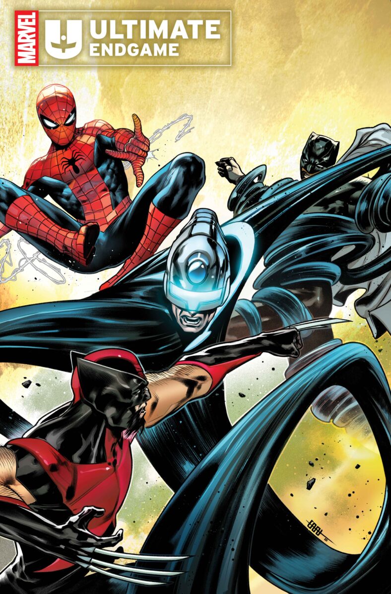Spider-Man, Black Panther, and Wolverine stand against The Maker on CAFU's variant cover to Ultimate Endgame Vol. 1 #1 (2025), Marvel Comics