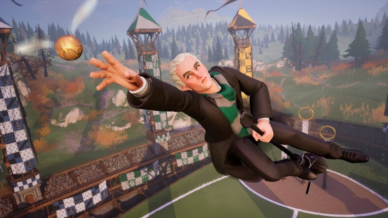 Draco Malfoy (Andy Walken) reaches for the Golden Snitch in Harry Potter: Quidditch Champions (2024), Warner Bros. Games